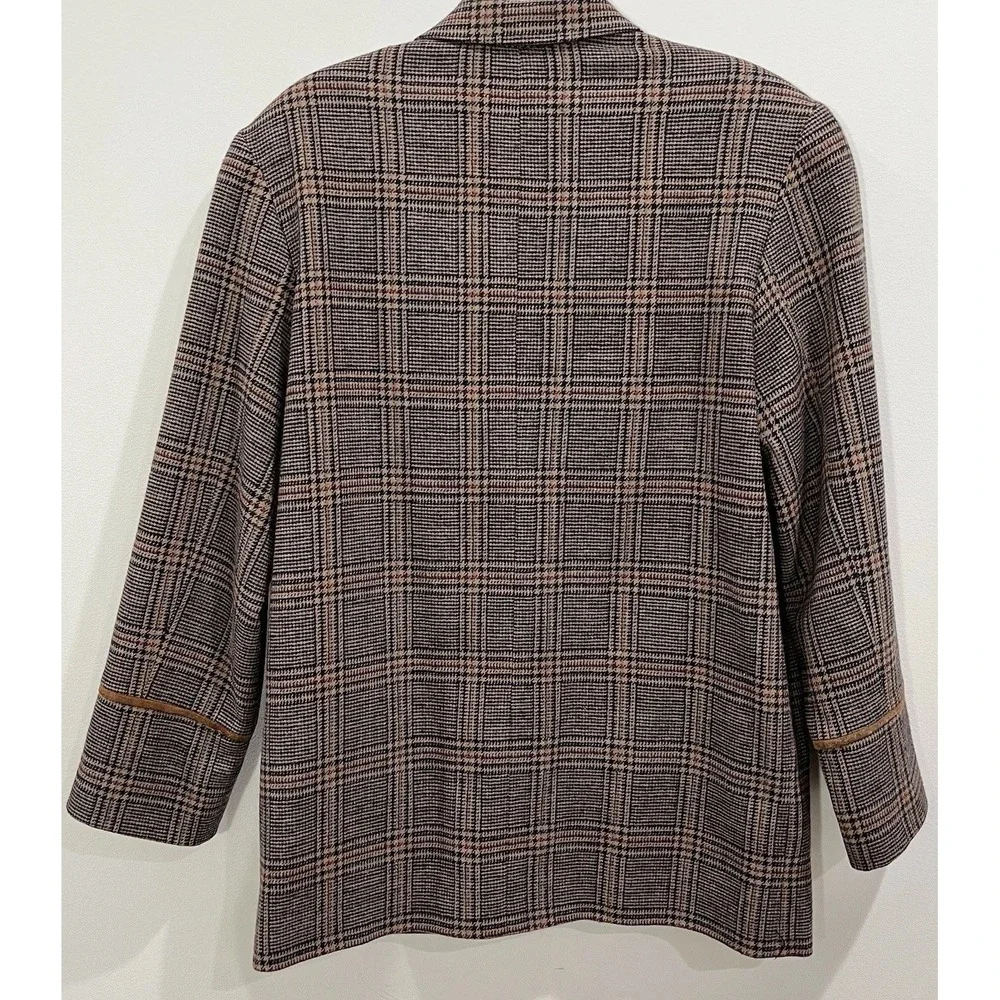 Wool Plaid Blazer Harve Bernard  With Suede Leather Trim Womens Size 12 Vintage